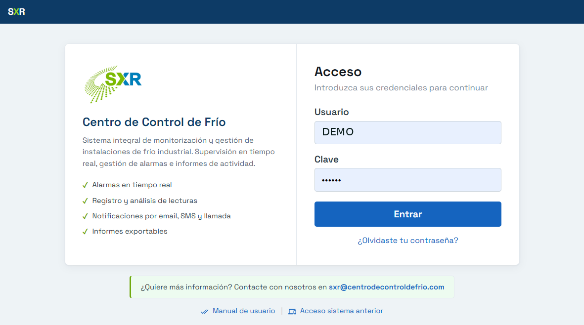 Pantalla de acceso a SXR